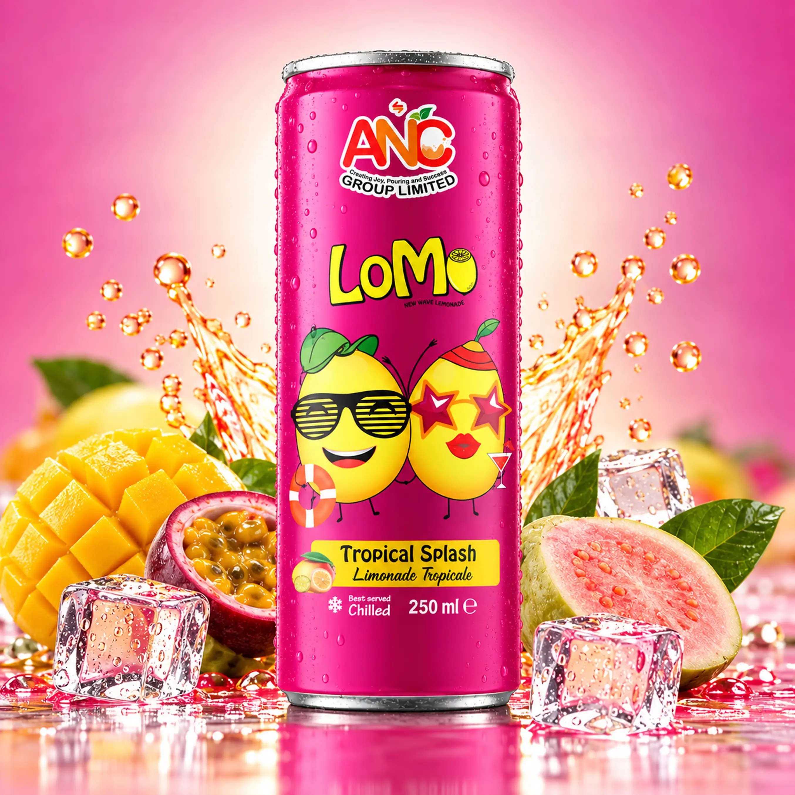 LOMO Tropical Splash 250ml lemonade can with mango, passion fruit and guava, surrounded by ice and fruit splash.
